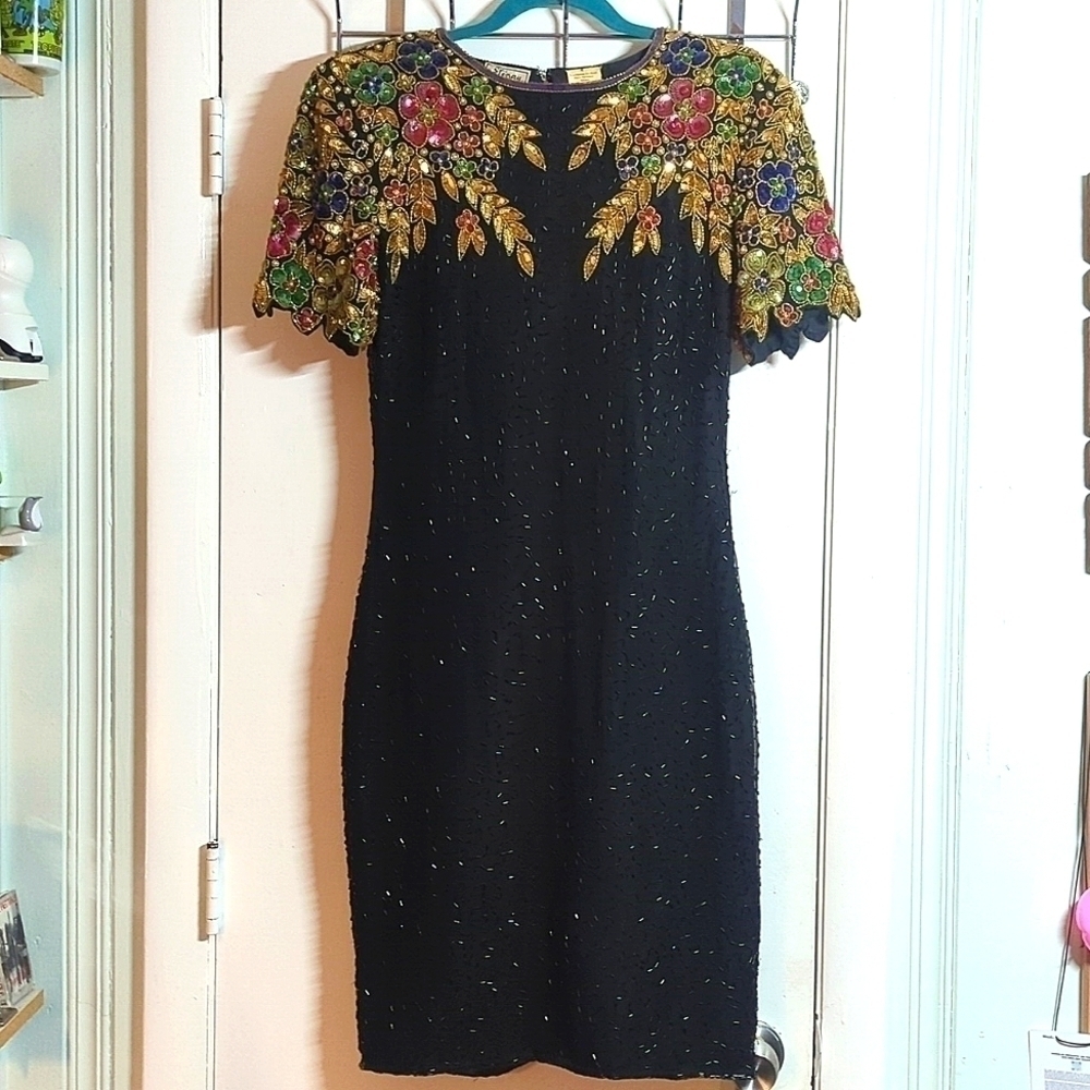 Euc Vintage Silk 80s 90s Sequin Dress sz4 SHOWSTOPPING
